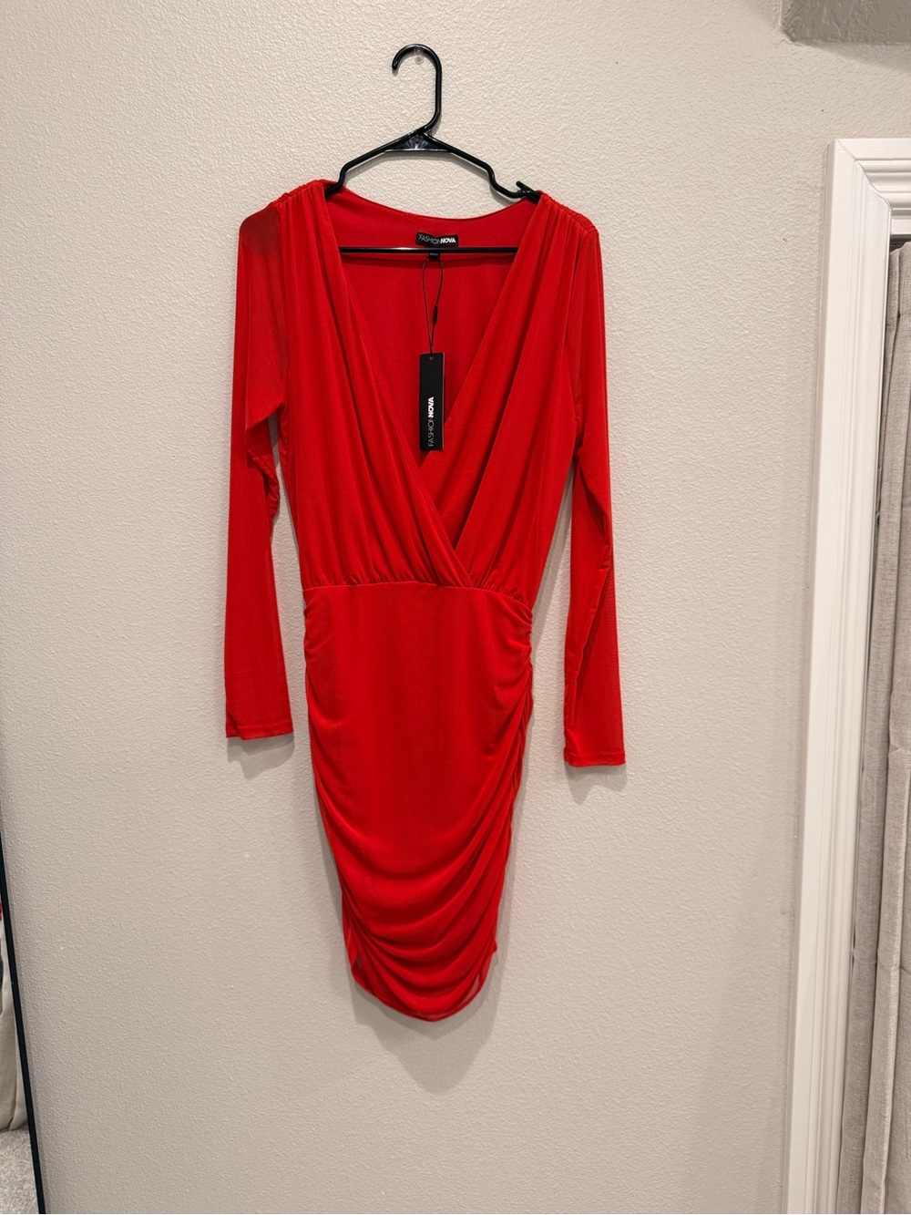 Fashion Nova Red Ruched Long Sleeve Dress NWT